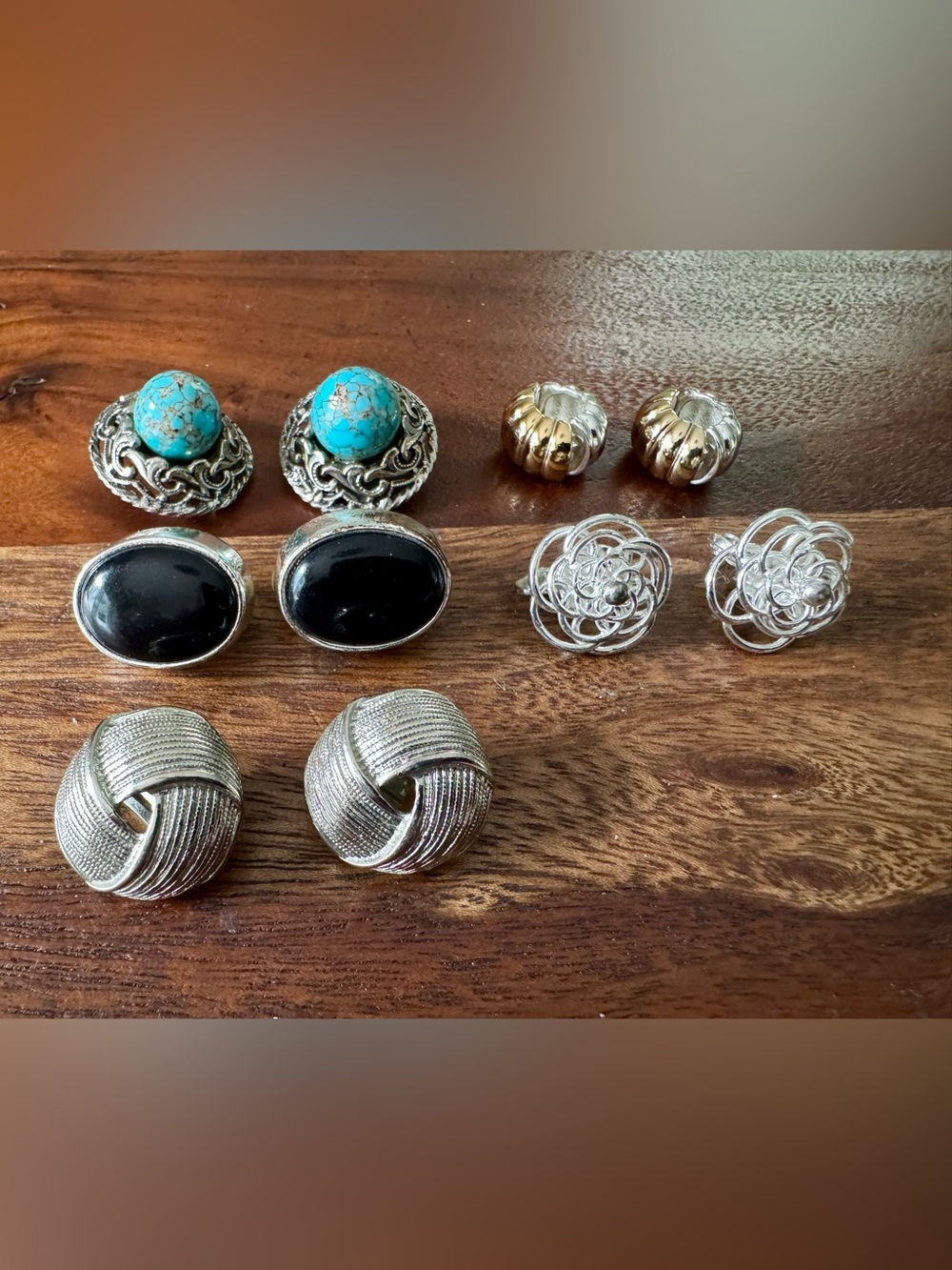 5 Pair Vintage Clip On Earrings Silver Tone Glass Stone, E. Pearl 1/2 Tone Hoops